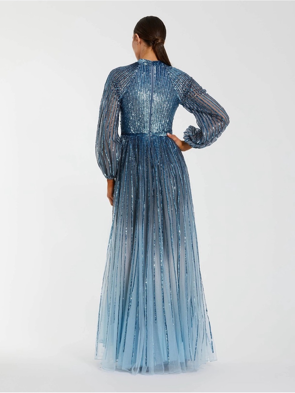 Mac Duggal 6206 Blue Ombré Sequin Long Sleeve A-Line Evening Dress Size 12 NWT - Picture 3 of 15